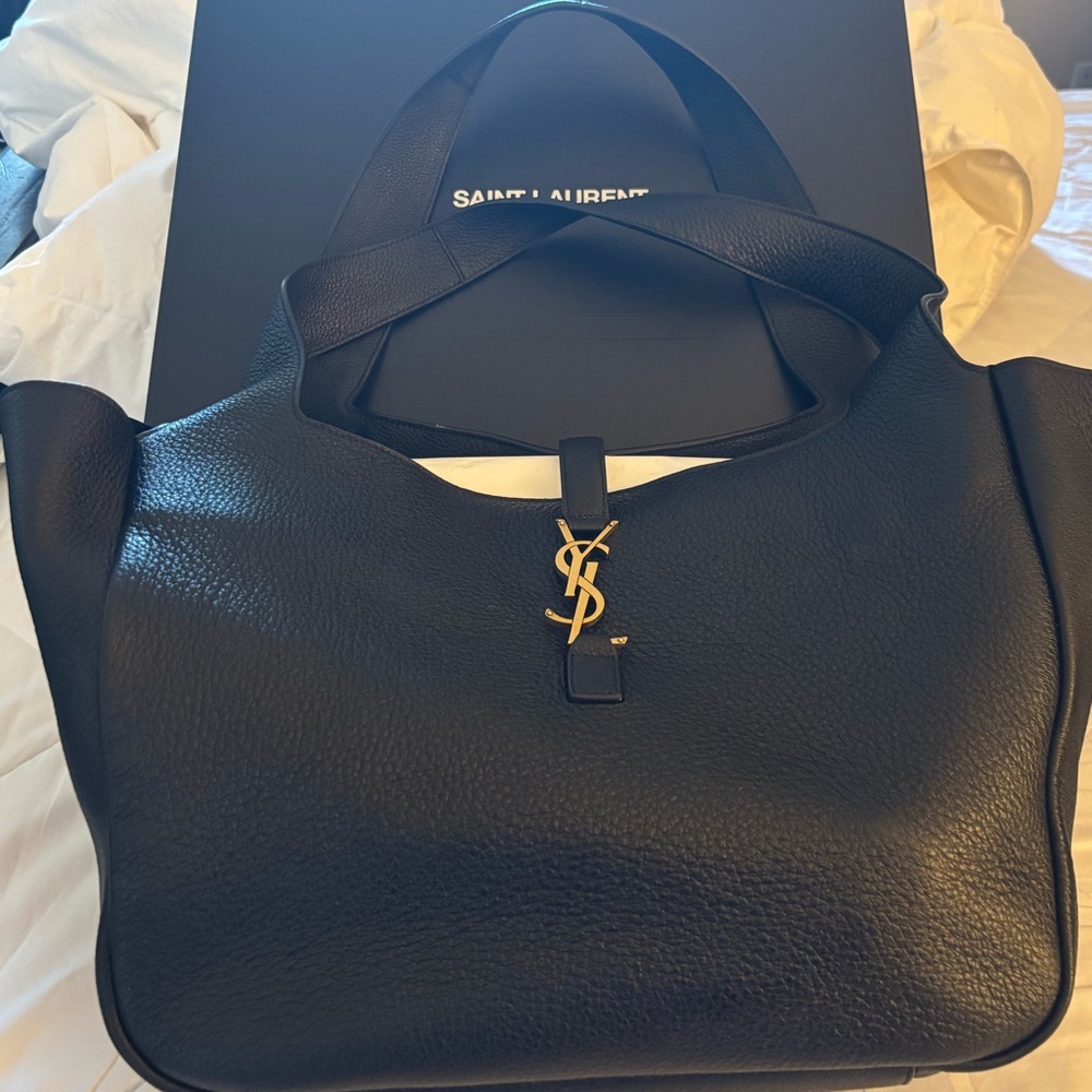 Saint Laurent Black Leather Shoulder Bag with Gold Accent